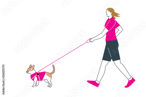 チワワ、犬の散歩、ウォーキングする女性のシンプルなイラスト　フラットデザイン　主線あり