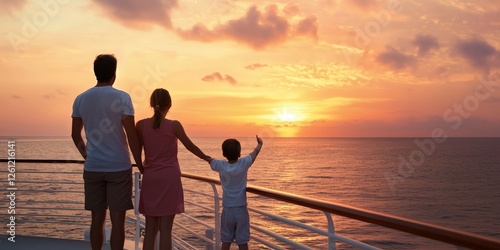 A family enjoying a luxury cruise trip, standing on the ship deck, watching the ocean sunset