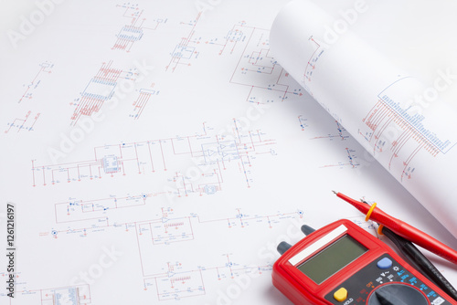 Electronic circuit schematic with multimeter on white background
