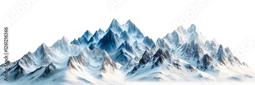 A set of snowy mountains range with sharp peaks and white slopes, isolated on a transparent background. Winter mountains, alpine peaks, snowy landscape, mountain range, isolated for design. photo