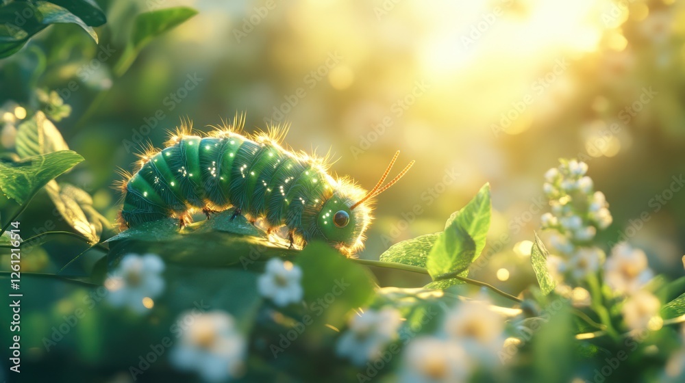 Naklejka premium Green caterpillar crawling on leaves, sunset, flowers, nature, illustration