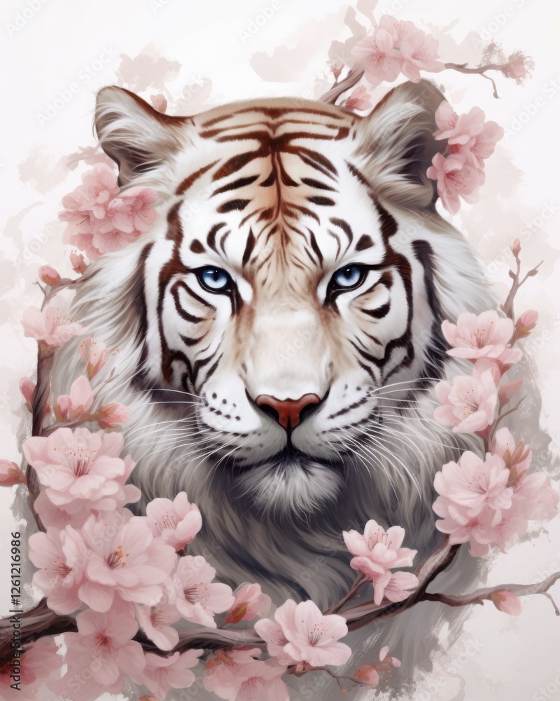 Fototapeta premium Graceful Tiger and Cherry Blossoms in a Soft Pastel Palette