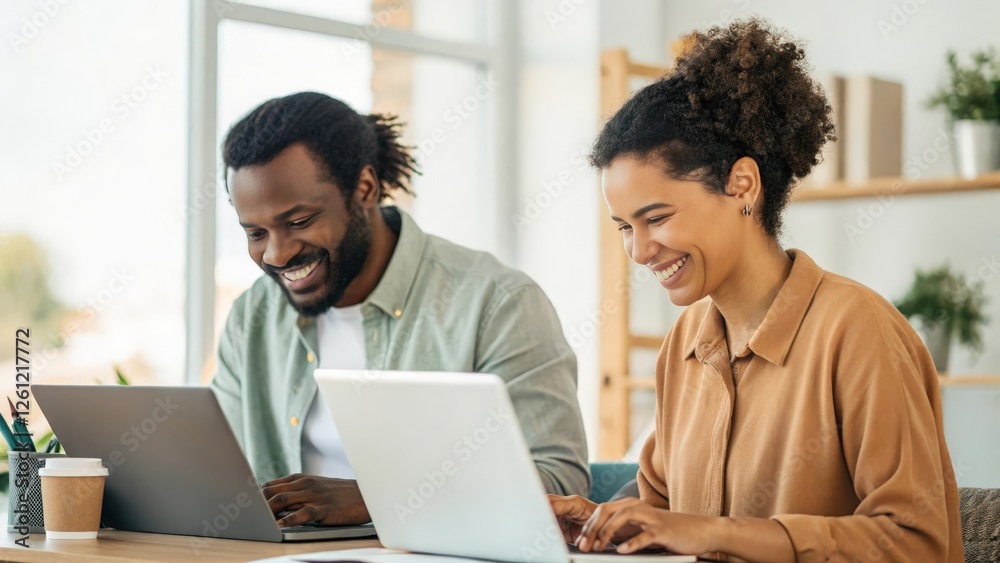 a couple of office colleagues are collaborating on a laptop and looking at the monitor and are smiling in a bright office environment a couple of office colleagues are collaborating on a laptop and looking at the monitor and are smiling in a bright office environment