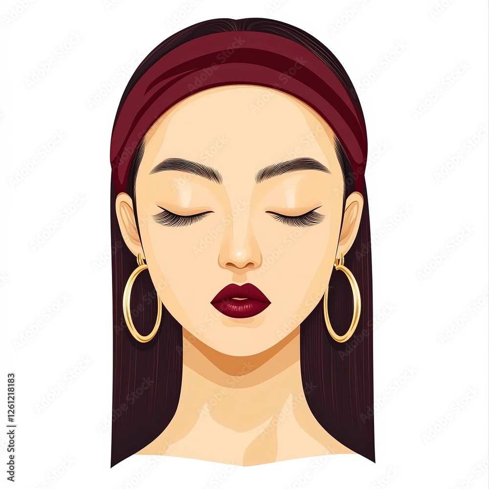 Elegant woman with closed eyes and bold makeup wearing earrings and a headband Elegant woman with closed eyes and bold makeup wearing earrings and a headband