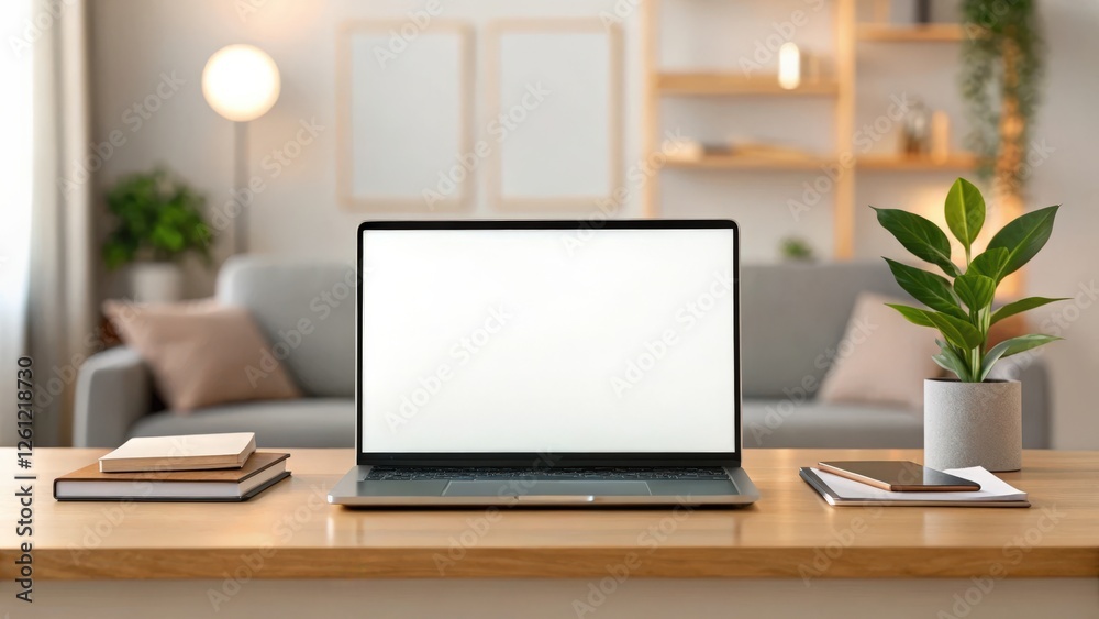 a laptop on a desk with a blank screen and a plant in a room with a sofa in the background a laptop on a desk with a blank screen and a plant in a room with a sofa in the background