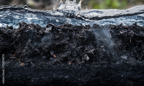 Water splashing dark soil, nature's cycle.