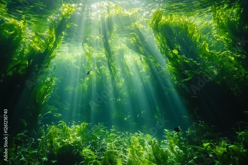 Underwater kelp forest sunlight beams