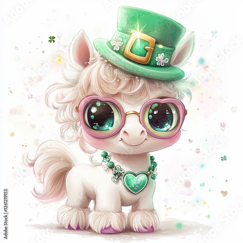 Cute pony in a green hat and heart-shaped glasses celebrates St. Patrick's Day photo