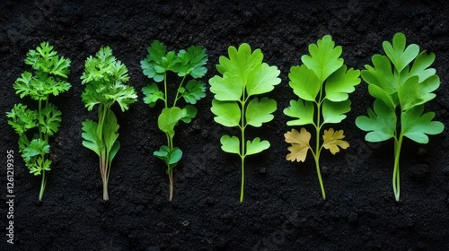 Fresh Parsley sprigs on dark soil, showing variety, ideal for food photography photo