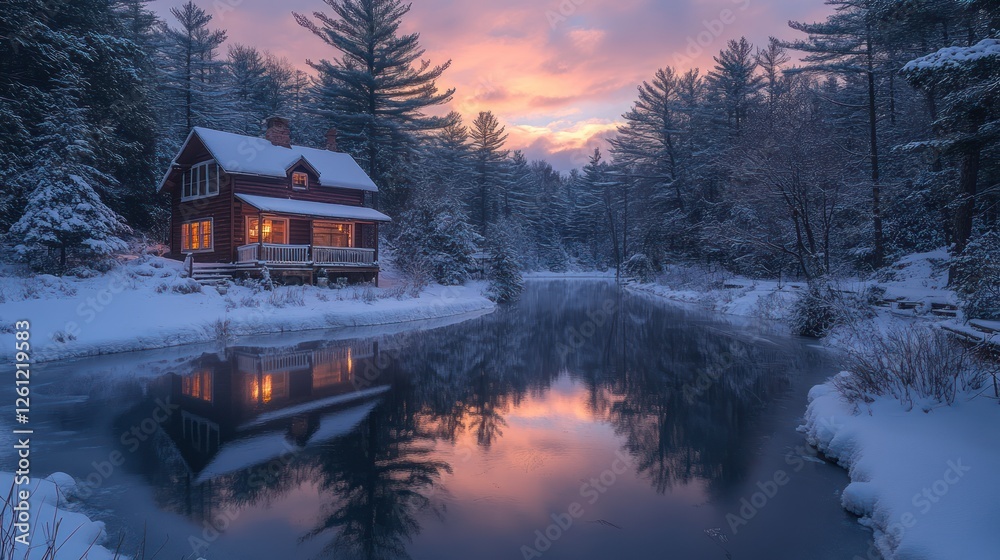 Fototapeta premium Snowy cabin sunset river reflection winter wonderland