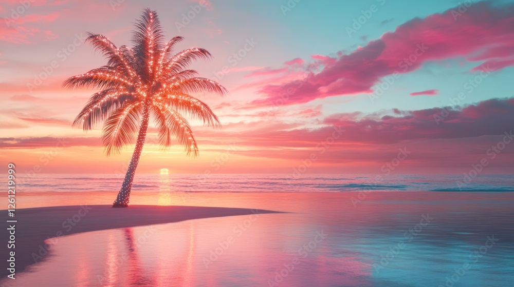 Fototapeta premium Palm tree with lights on beach at sunset