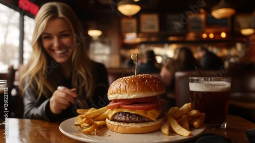 Woman Enjoying A Delicious Cheeseburger And Fries At A Vibrant Restaurant With Friends In A Casual Dining Atmosphere photo