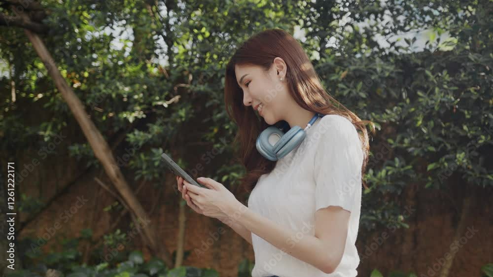 Smiling woman enjoying technology outdoors with smartphone and headphones, surrounded by lush greenery, embodies casual lifestyle in nature. Smiling woman enjoying technology outdoors with smartphone and headphones, surrounded by lush greenery, embodies casual lifestyle in nature.
