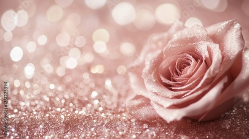 Pink rose on glitter, bokeh background; Valentine's card