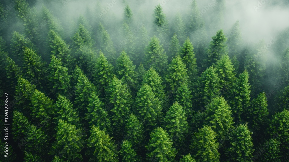 Fototapeta premium Misty forest canopy aerial view