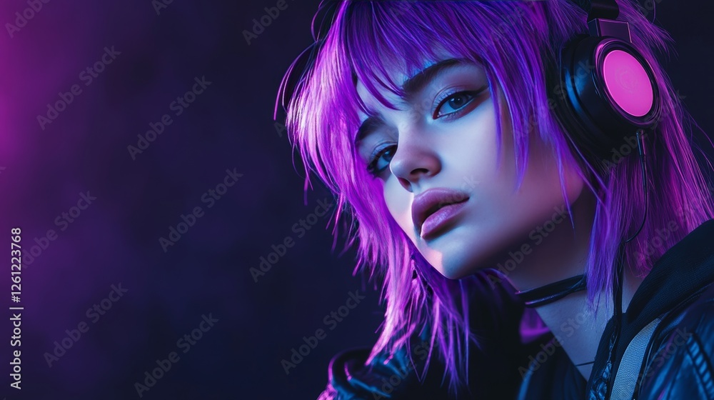 Fototapeta premium Beautiful woman with purple hair in futuristic costume over dark background. Blue and violet neon light. Portrait of young girl in modern headphones listening music. Free space for text.