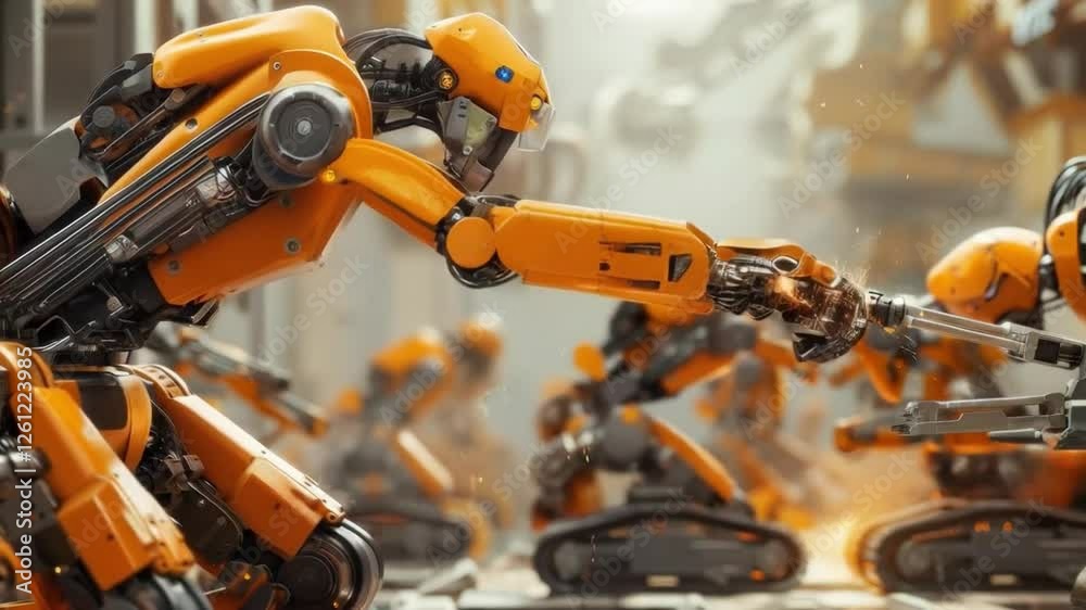 Efficient Robotic Assembly Line with Orange Robots in Factory Showcasing Advanced Technology, Automation, and Precision in Industrial Manufacturing Process Efficient Robotic Assembly Line with Orange Robots in Factory Showcasing Advanced Technology, Automation, and Precision in Industrial Manufacturing Process
