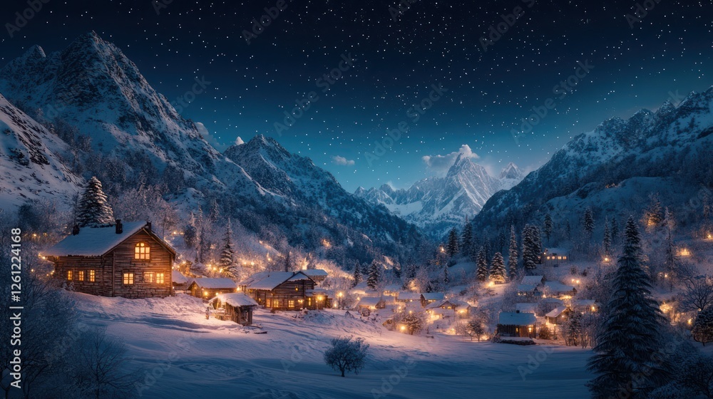 Fototapeta premium Nightfall, snowy village, mountain range, starry sky, winter wonderland, holiday postcard