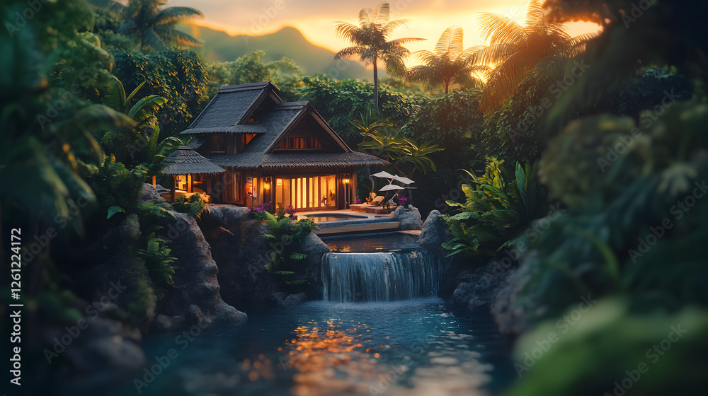 Obraz premium Tilt-shift photography of an island cabin in the jungle with a waterfall