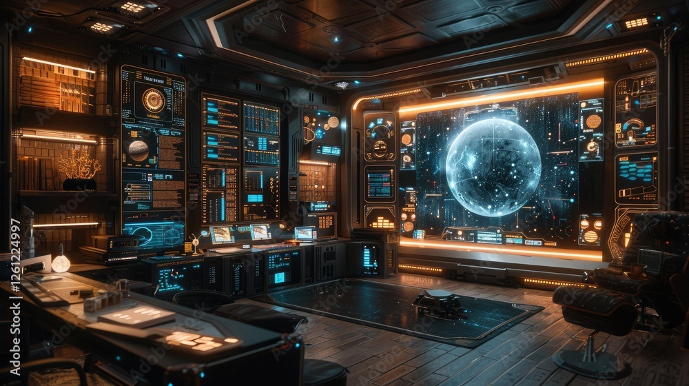 Futuristic spaceship interior control room with holographic globe display and advanced technology. Futuristic spaceship interior control room with holographic globe display and advanced technology.