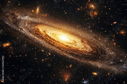 A breathtaking spiral galaxy, glowing with golden hues, amidst a vast expanse of stars and cosmic dust. photo