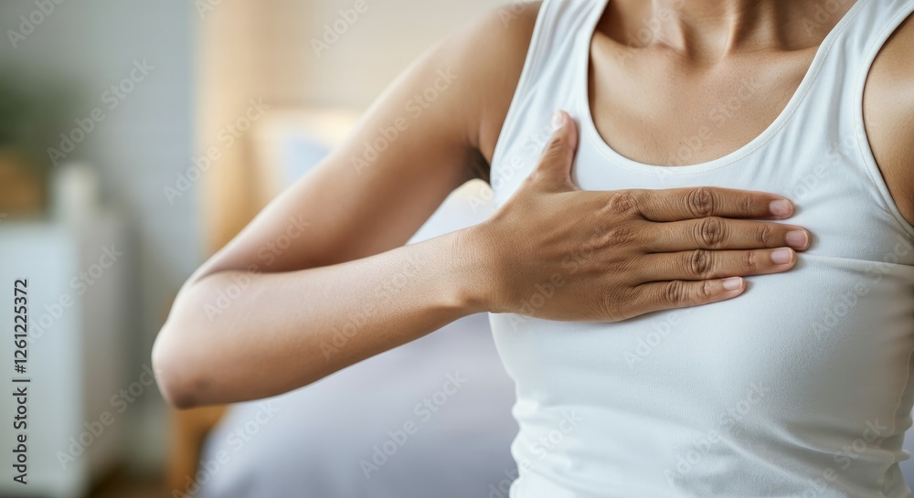 Woman performing self-breast examination in white tank top Woman performing self-breast examination in white tank top