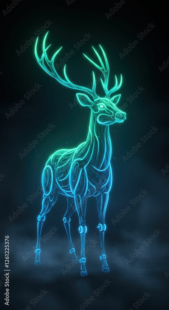 Obraz premium Neon glowing robotic deer with futuristic design in dark background