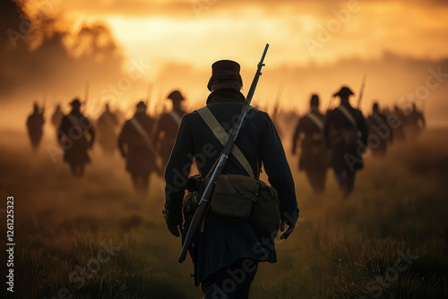group of Revolutionary War soldiers march through misty field at sunrise photo