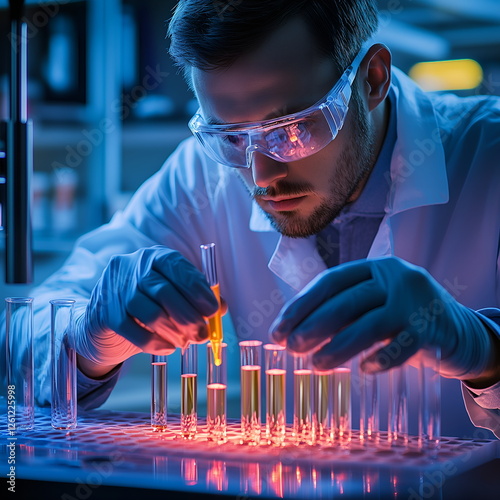 Pediatric oncology research, scientist examining test tubes in a modern laboratory, striving for medical breakthroughs