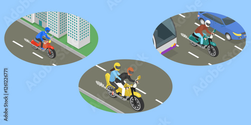 3D Isometric Flat Vector Illustration of Moto Vehicle, Riding Motorbike Scenes