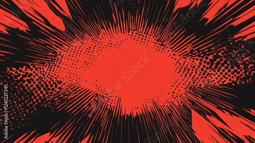 Red and black burst background; graphic design