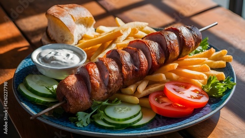 Grilled delights: meat and veggies on sticks, Top view tike kebab on skewers