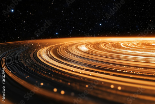 Glowing golden planetary rings encircle a dark space, studded with distant stars. photo