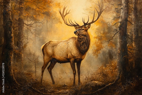 Majestic elk in autumn forest, sunlit clearing, nature scene, wildlife art