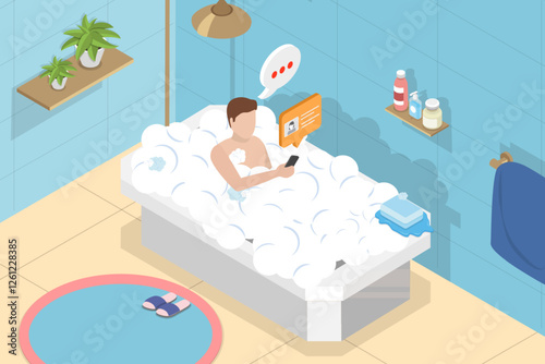 3D Isometric Flat Vector Illustration of Surfing Internet During Spa , Routine and Daily Activities