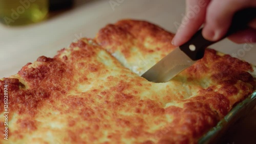 Close up of a hand cutting delicious lasagna