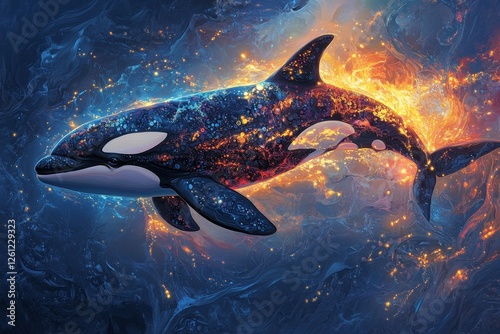 Orca cosmic swim, fiery nebula background, art print