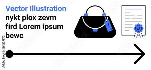 Black handbag with price tags, certified document with stamp, and directional arrow. Ideal for shopping, certification, retail, commerce, agreements, validation flat landing page banner
