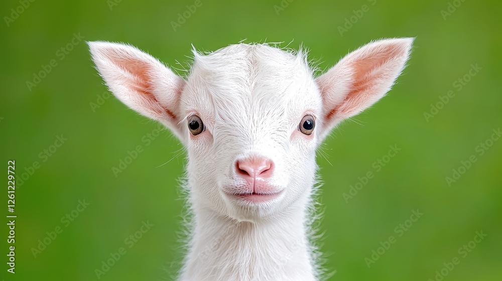 Adorable white kid goat, pasture background, farm animal portrait, perfect for children's books Adorable white kid goat, pasture background, farm animal portrait, perfect for children's books
