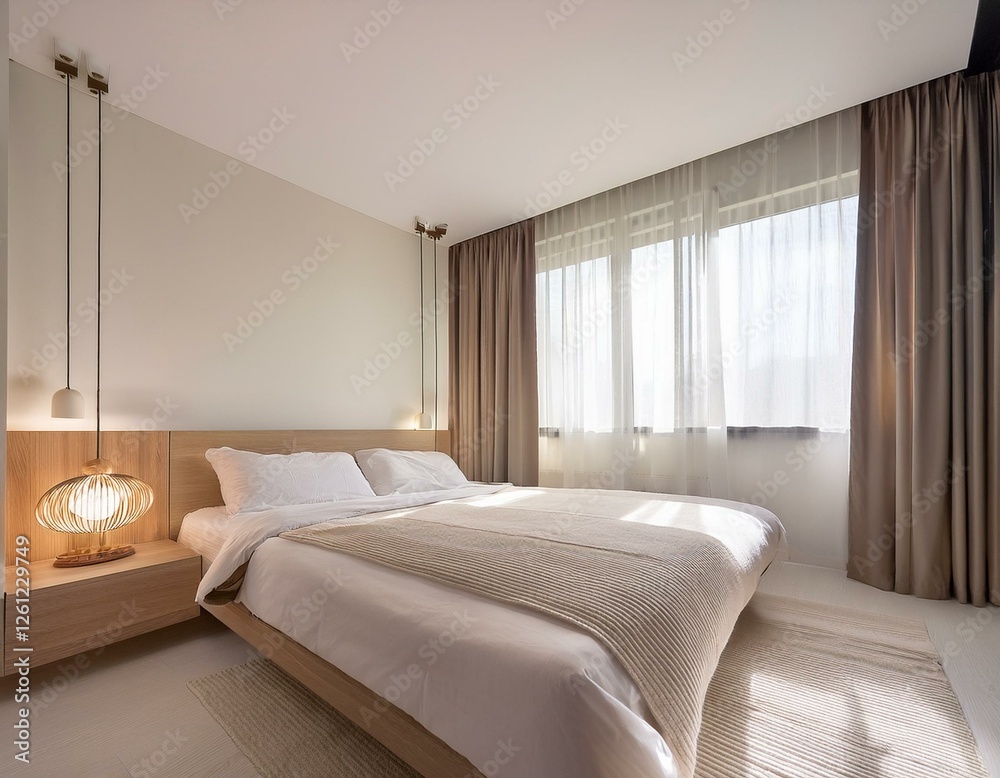 Fototapeta premium A modern minimalist bedroom with a perfectly made bed, white bedding, and soft natural light filtering through curtains. The simplicity and clean design evoke a sense of calm, rest, and a good night’s