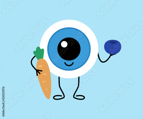 Eye with useful vitamin food, cute character. Healthy nutrition. Health eyesight. Vector cartoon illustration