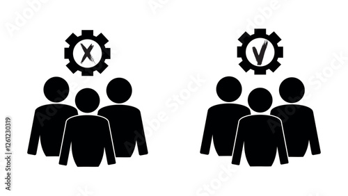 Set of gears inside with black checkmark and black cross with team, cogwheel with checkmark and cross, account settings, teamwork vector line icon, set of setting icon, cog settings icon symbol