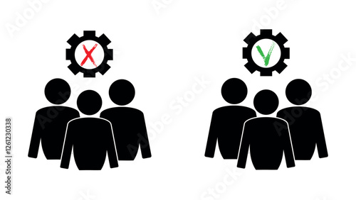 Set of gears inside with green checkmark and red cross with team, cogwheel with checkmark and cross, account settings, teamwork vector line icon, set of setting icon, cog settings icon symbol