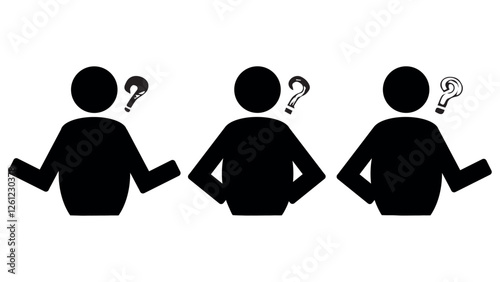 Set of black icons of people with question marks drawn in ink, collection of people asking questions, concept of not knowing, ask icon or logo isolated signs, worried mans pictogram