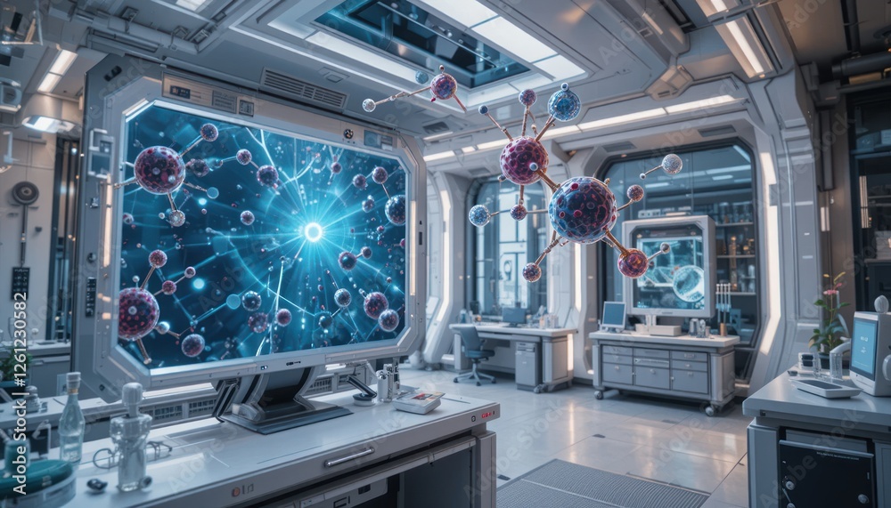 Futuristic lab displays virus research Futuristic lab displays virus research