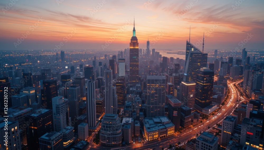 Fototapeta premium Aerial view of New York City skyline at sunrise