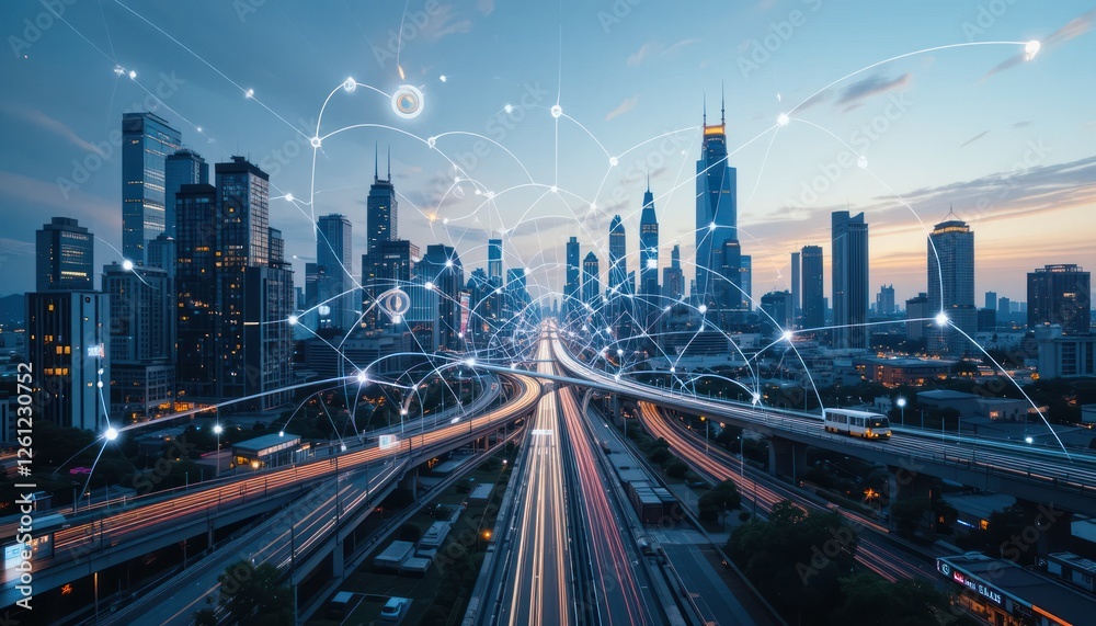 Obraz premium Smart City Network Dawn Skyline, Connected Urban Infrastructure