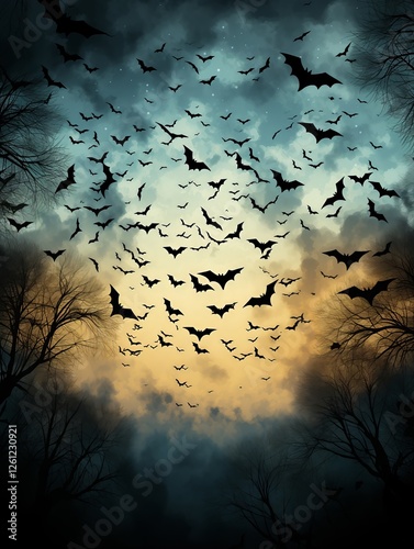A large number of bats fill the twilight sky, silhouetted against vibrant colors of orange and blue as darkness settles over a misty forest. Trees frame the eerie yet captivating sight.