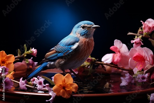 A vibrant bird with blue and orange plumage stands in a garden birdbath. Surrounded by colorful flowers, it appears calm and focused, reflecting a peaceful atmosphere during a sunny day.