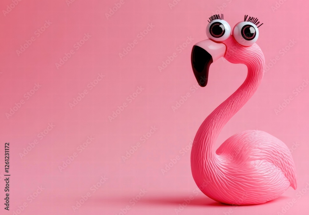 Fototapeta premium A pink flamingo with big eyes stands on a pink background
